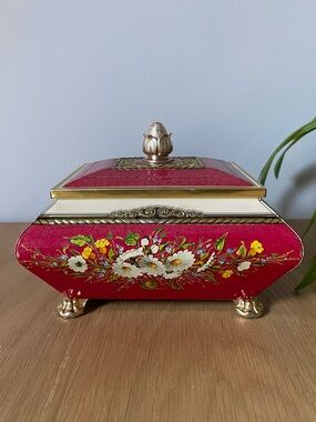 Vintage Blue Bird Confectionary Metal Footed Storage Tin for Keepsakes Trinkets